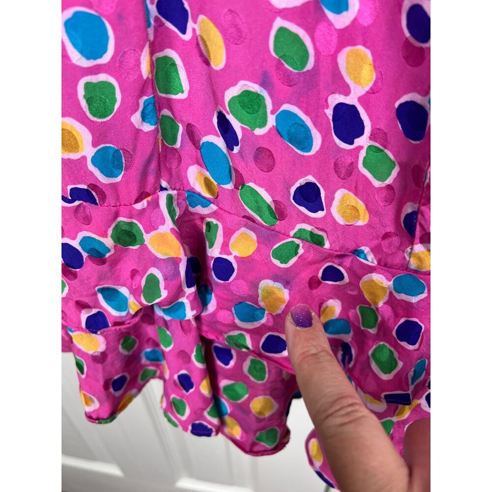 Vintage 80s 100%‎ Silk Ruffle Hem colorfull polka dot drop waist dress Medium 8 - Picture 4 of 6